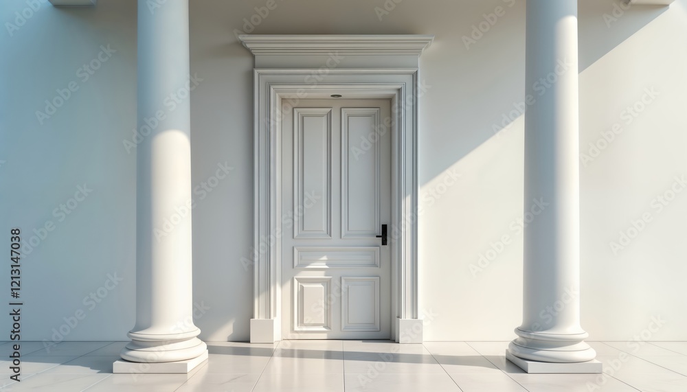 White door with white frame, pillars in interior design. Classic style. Luxurious room with parquet floor. No people. Vintage modern style possible. Beautiful architecture. Expensive look, feel. White door with white frame, pillars in interior design. Classic style. Luxurious room with parquet floor. No people. Vintage modern style possible. Beautiful architecture. Expensive look, feel.