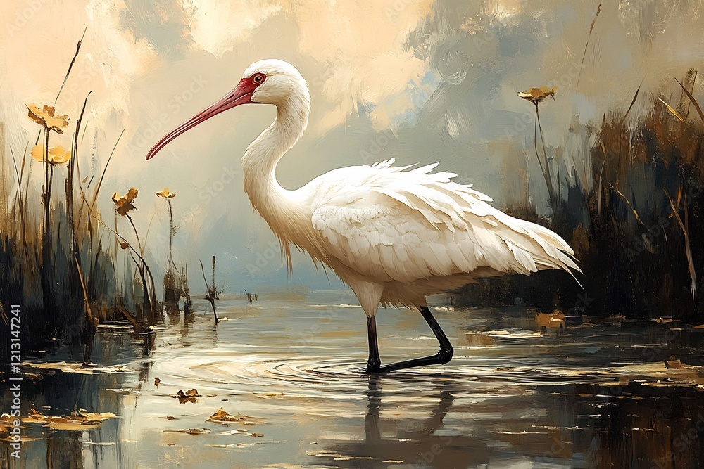 Fototapeta premium Majestic Reunion Ibis wading through shallow waters its elegant neck and long legs highlighted against a wetland landscape evoking a sense of lost beauty