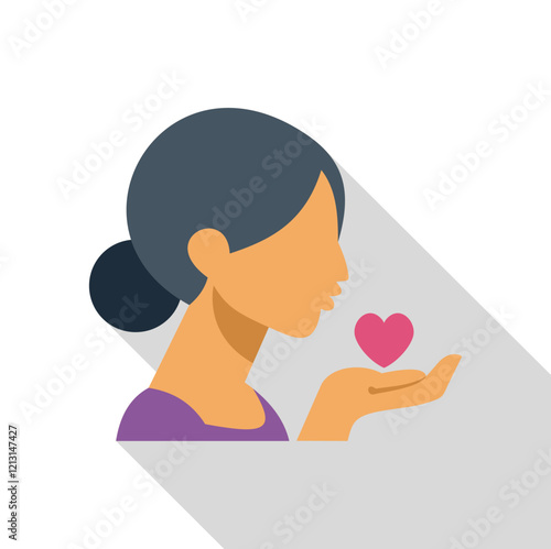 Woman gently blowing a kiss to a heart she is holding in her hand, symbolizing love, affection, and care