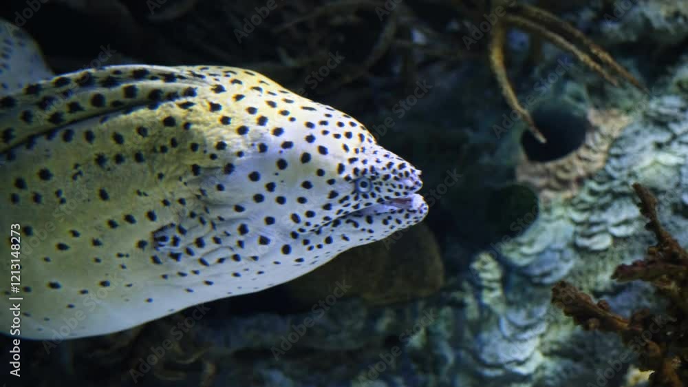 A close-up underwater shot of a spotted moray eel gracefully swimming near a coral reef. A vibrant and dynamic image of ocean life. A close-up underwater shot of a spotted moray eel gracefully swimming near a coral reef. A vibrant and dynamic image of ocean life.