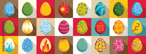 Dragon egg icons set. Set of colorful dragon eggs with various patterns, evoking magical creatures and fantastical worlds