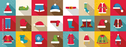 Claus dress suit icons set. Colorful christmas icons represent festive clothing and accessories, capturing the holiday spirit