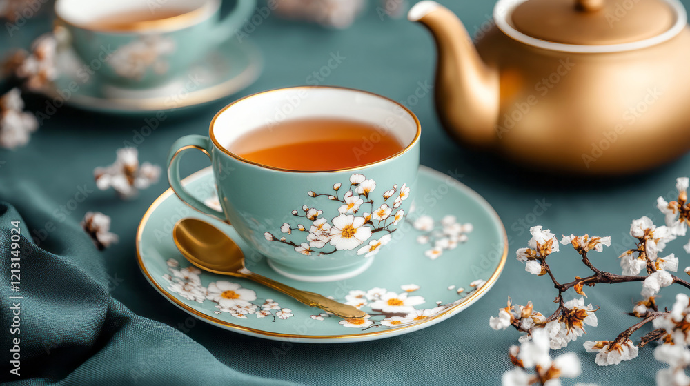 Delicate tea cup sits on a matching saucer, accompanied by a golden teapot and floral elements, creating a tranquil and inviting atmosphere for tea enjoyment Delicate tea cup sits on a matching saucer, accompanied by a golden teapot and floral elements, creating a tranquil and inviting atmosphere for tea enjoyment