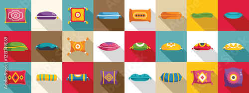 Arabic cushions icons set. Various colorful and patterned pillows provide comfort and style in home decor