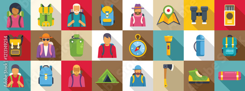 Man trekking travel icons set. Hikers and backpackers gather their essential gear, embarking on a thrilling outdoor adventure, surrounded by nature's breathtaking beauty