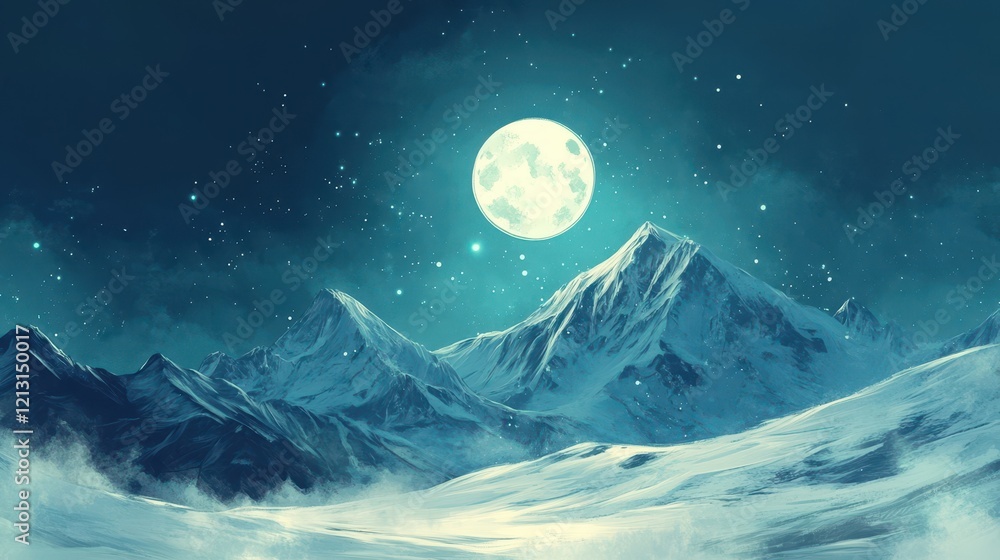 Fototapeta premium Serene Full Moon Over Snowy Mountain Range