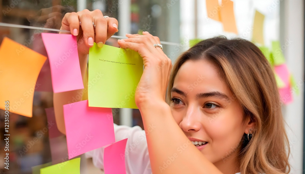 Creative team planning project using sticky notes on glass wall Creative team planning project using sticky notes on glass wall