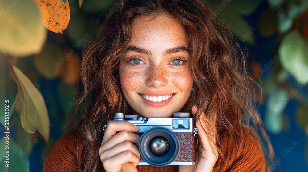A young woman with curly hair and freckles smiles brightly while holding a camera surrounded by colorful autumn leaves, capturing the joyful moment in nature A young woman with curly hair and freckles smiles brightly while holding a camera surrounded by colorful autumn leaves, capturing the joyful moment in nature