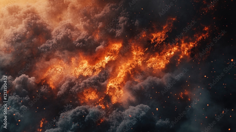 Erupting Flames and Smoke in a Dramatic Sky Creating a Fiery Abstract Pattern Erupting Flames and Smoke in a Dramatic Sky Creating a Fiery Abstract Pattern