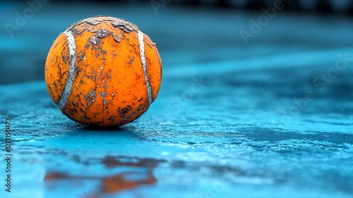 A weathered orange ball lies on a blue surface.