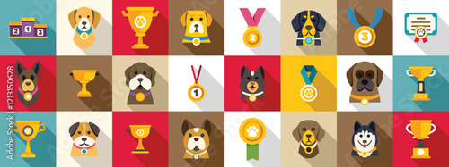 Dog champion trophy cup icons set. Set of champion dogs winning awards, medals, trophies, and rosettes at pet show competition