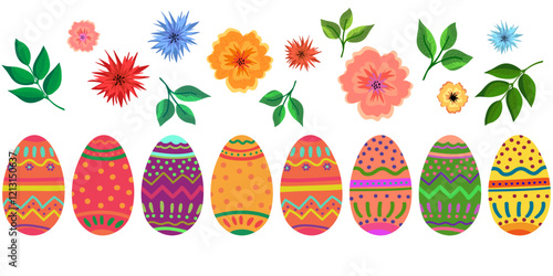Colorful painted Easter vector elements flowers twigs and Easter eggs