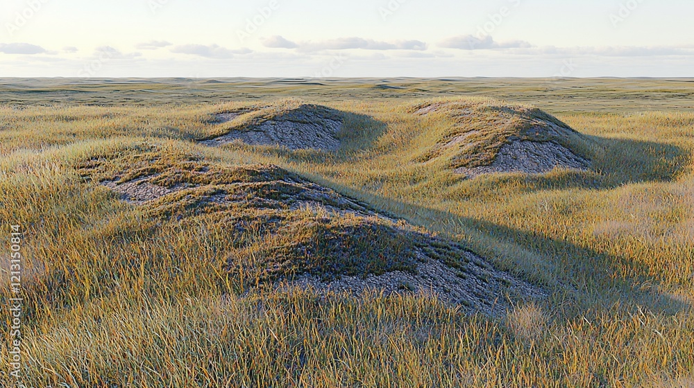 Fototapeta premium Rolling grassy hills and dunes under a pale sky.