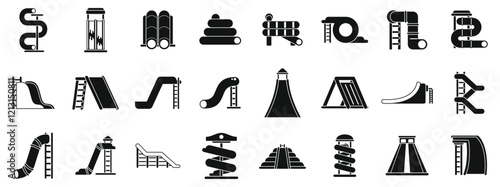 Water slide icons set. Playground equipment icons set showcasing diverse play structures like slides, tunnels, and climbing frames, perfect for children's outdoor activities
