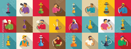 Man smoking hookah icons set. Flat vector set of different men smoking hookah, with various shisha pipes