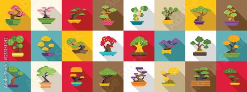 Bonsai tree icons set. Various bonsai trees are thriving in colorful pots, showcasing the art of miniature gardening