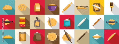 Rolling dough wooden pin icons set. Baking process with rolling pin and dough icons set flat isolated vector illustration