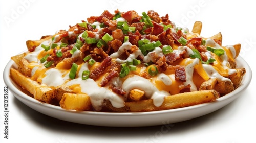 A platter of loaded cheese fries topped with melted cheddar cheese, crispy bacon bits, green onions