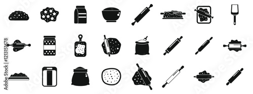 Rolling dough wooden pin icons set. Dough rolling icons set in simple style. Cooking process icons for any web design on white background