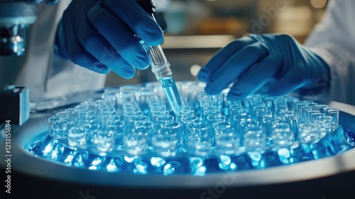 Working in micro labs to analyze human health in a hospital glare of orange light