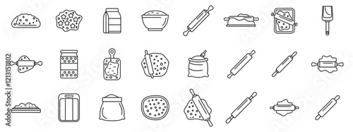Rolling dough wooden pin icons set. Dough rolling, flour, rolling pin, baking tools and ingredients, preparing dough for baking cookies, pie, pizza