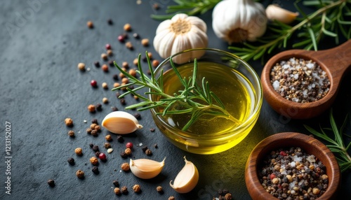 A vibrant arrangement of garlic, fresh rosemary, and spices surrounds a bowl of golden olive oil, creating a feast for the senses. This image captures the essence of cooking, showcasing the rich photo