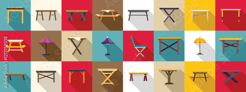 Wooden table picnic icons set. Colorful flat design icon set featuring various styles of camping and picnic tables, chairs, and umbrellas