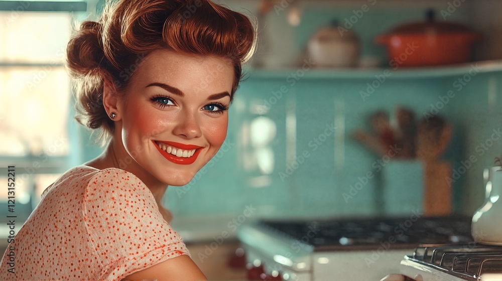 A Smiling Housewife with Red Hair and Red Lipstick Standing in a Teal Kitchen. A Smiling Housewife with Red Hair and Red Lipstick Standing in a Teal Kitchen.