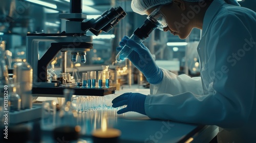 Working in micro labs to analyze human health in a hospital glare of orange light