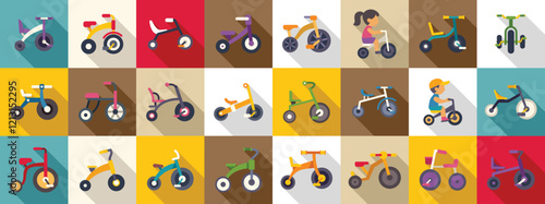 Kids tricycle icons set. Colorful tricycles showcase diverse designs, promoting children's early cycling adventures and playful exploration