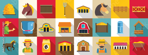 Farm stable icons set. Horse stable icons represent various aspects of horse care, including feeding, housing, and farm infrastructure