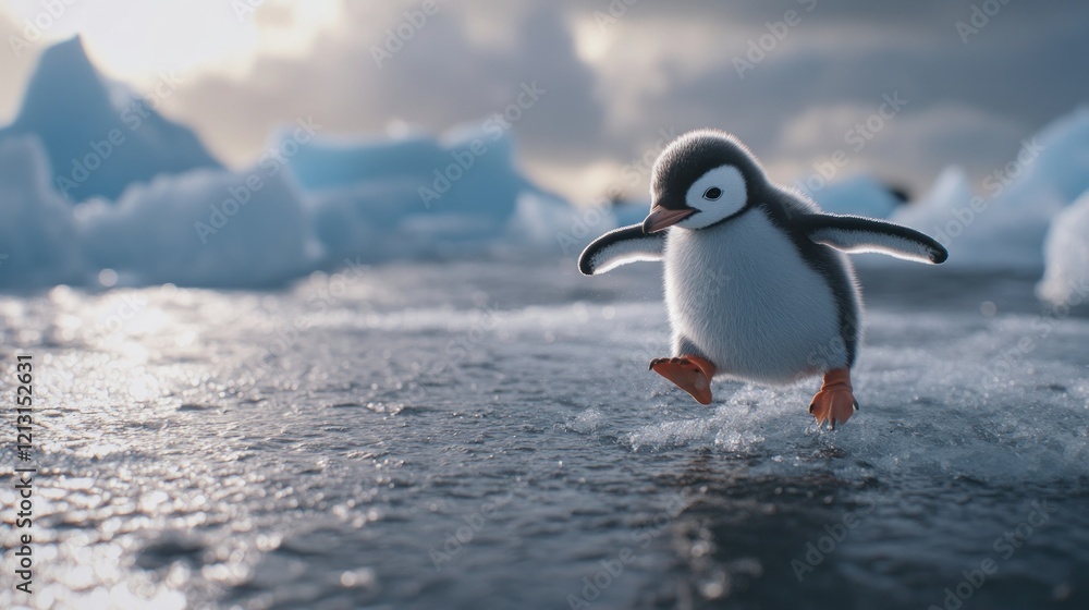 Fototapeta premium Baby penguin strides across icy terrain with icebergs and clouds in the background