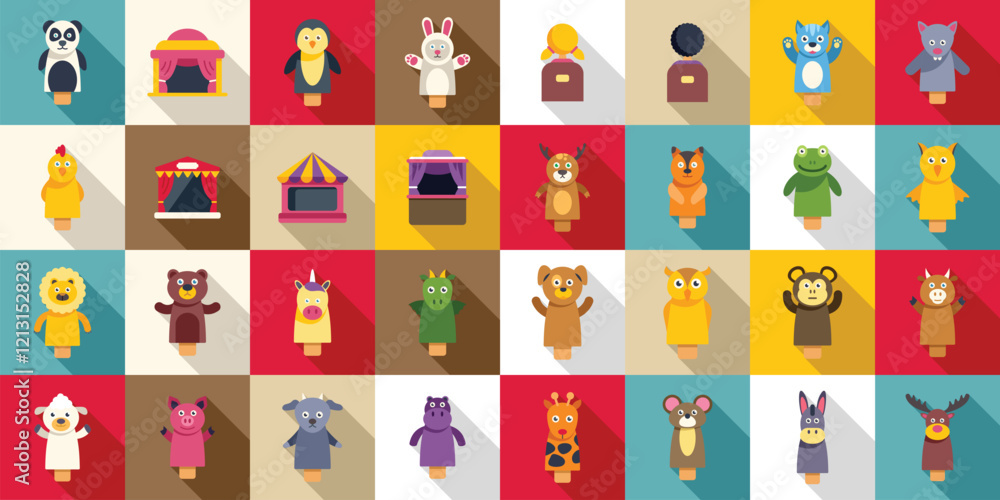 Puppets show icons set. Colorful set of puppets depicting various animals and characters, ready to bring stories to life on a miniature stage Puppets show icons set. Colorful set of puppets depicting various animals and characters, ready to bring stories to life on a miniature stage