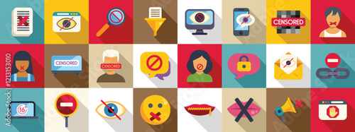 Censorship icons set. Colorful censorship icons representing various forms of information control, suppression, and freedom of speech limitations