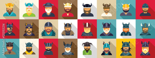 Viking helmet icons set. Collection of viking avatars showcasing various nordic warriors and their distinctive horned helmets