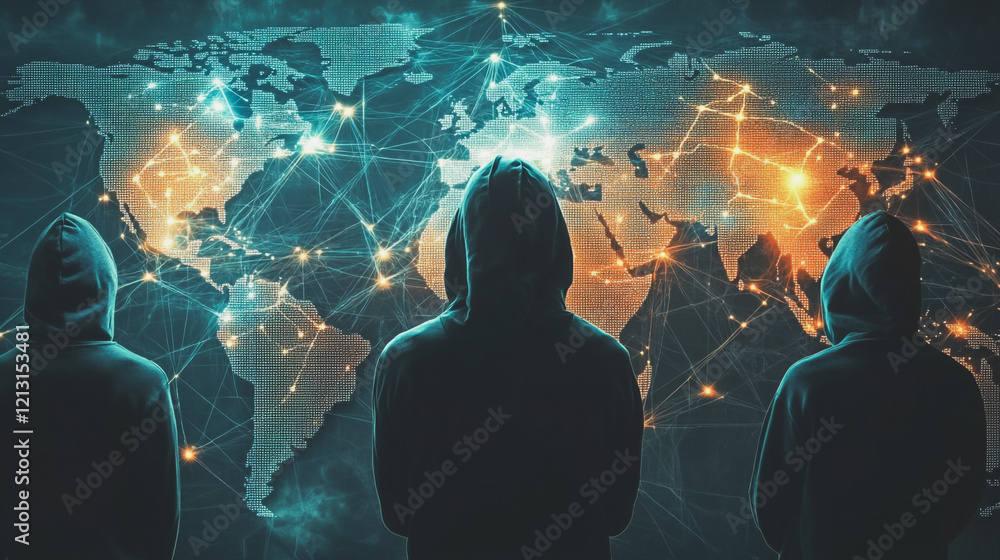 Obraz premium Hacker are planning to hack and attack networks and cyber security systems.team people innovation connection of line from nail node to node on map background , networking concept