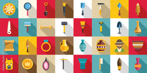 Excavation tools icons set. Colorful flat design icons representing archaeology, showing tools, artifacts, and a researcher exploring ancient history