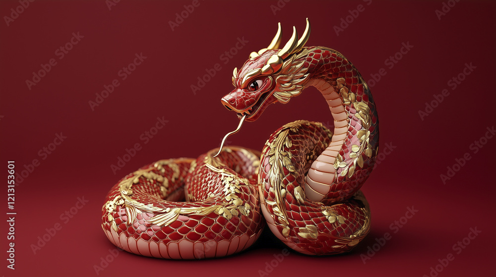 Obraz premium 3d render of and gold snake. Statuette, snake, , background gold, art. Art of snake in red and gold. A statuette of a snake in gold and red on a red background. A red dragon lifestyle.