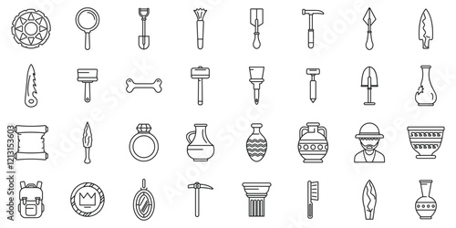 Excavation tools icons set. Essential tools and artifacts used in archaeological excavations, uncovering ancient civilizations and historical treasures