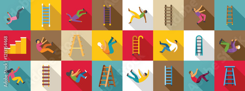 People falling down stairs icons set. Flat vector illustration set of people falling down from different ladders and stairs