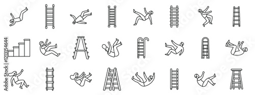 People falling down stairs icons set. Collection of line icons representing people falling from ladders and stairs, highlighting workplace accidents and safety issues
