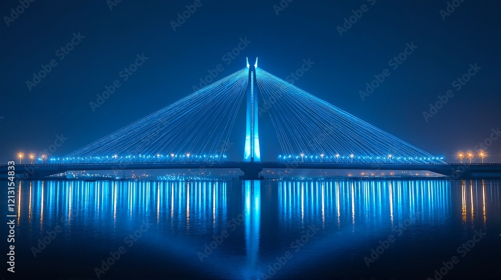 Fototapeta premium The bridge is shown at night with blue lights illuminating its cables and towers.