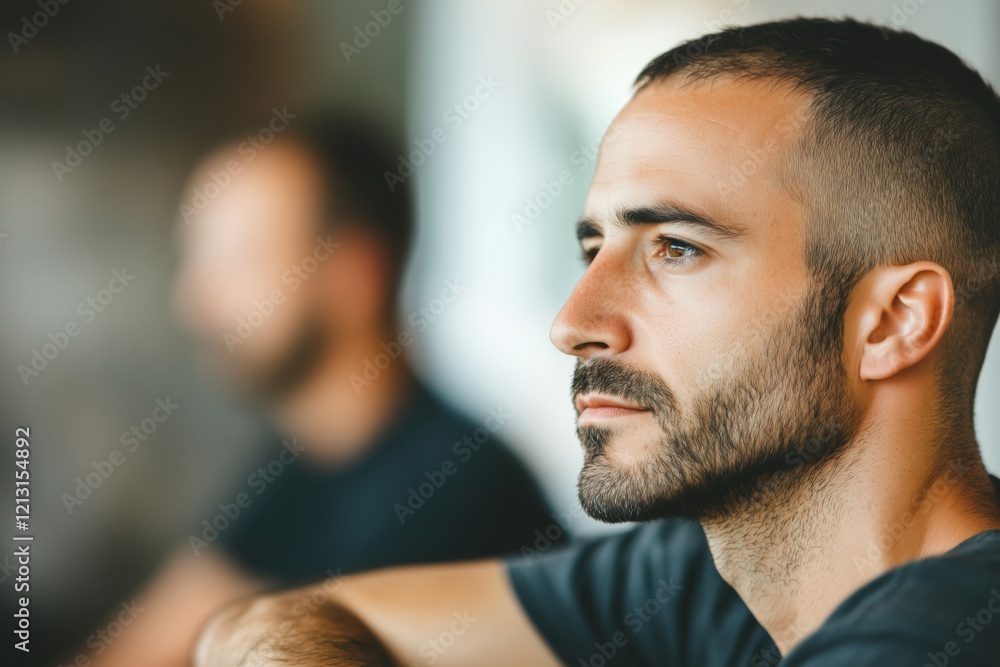 A close-up portrait of a man with a beard, gazing thoughtfully while seated indoors. A close-up portrait of a man with a beard, gazing thoughtfully while seated indoors.