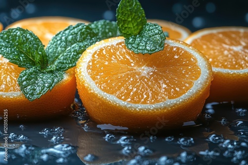 levitating citrus slices and fresh mint leaves against deep indigo background captured midmotion with water droplets photo