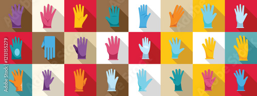 Nitrile gloves hand icons set. Various colorful medical gloves provide essential protection for healthcare professionals, ensuring hygiene and safety in medical environments