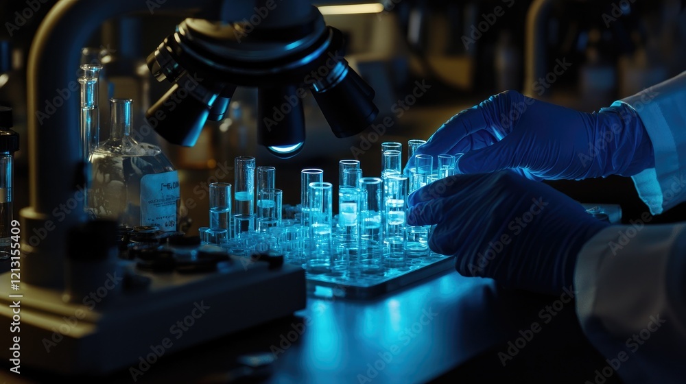 Working in micro labs to analyze human health in a hospital glare of orange light Working in micro labs to analyze human health in a hospital glare of orange light