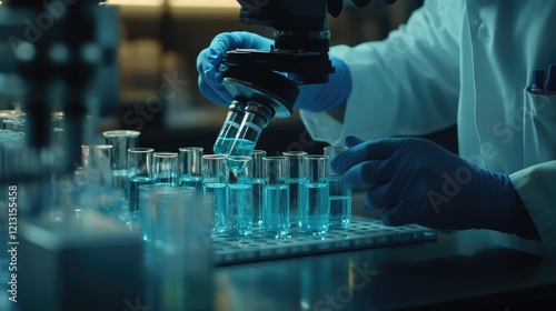 Working in micro labs to analyze human health in a hospital glare of orange light