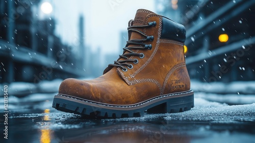 rugged leather work boot with metallic toe cap catching dramatic lighting industrial setting high contrast details photo