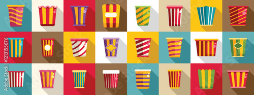 Bucket popcorn icons set. Colorful popcorn buckets and boxes pattern representing cinema snacks and refreshments