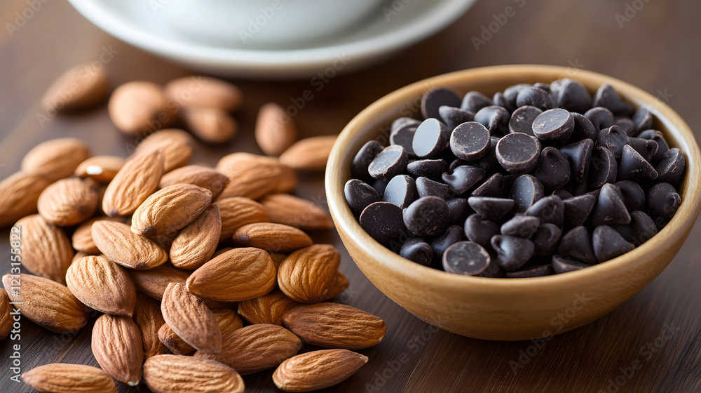 Fototapeta premium Almonds and a small bowl of dark chocolate chips placed on a polished wooden surface with a cup of coffee in the background.